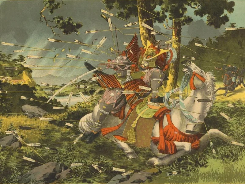 1870-Tsuchiya Kōitsu - Oyamada Takaie funge da esca per Yoshisada nella battaglia di Ikuta - bayashi